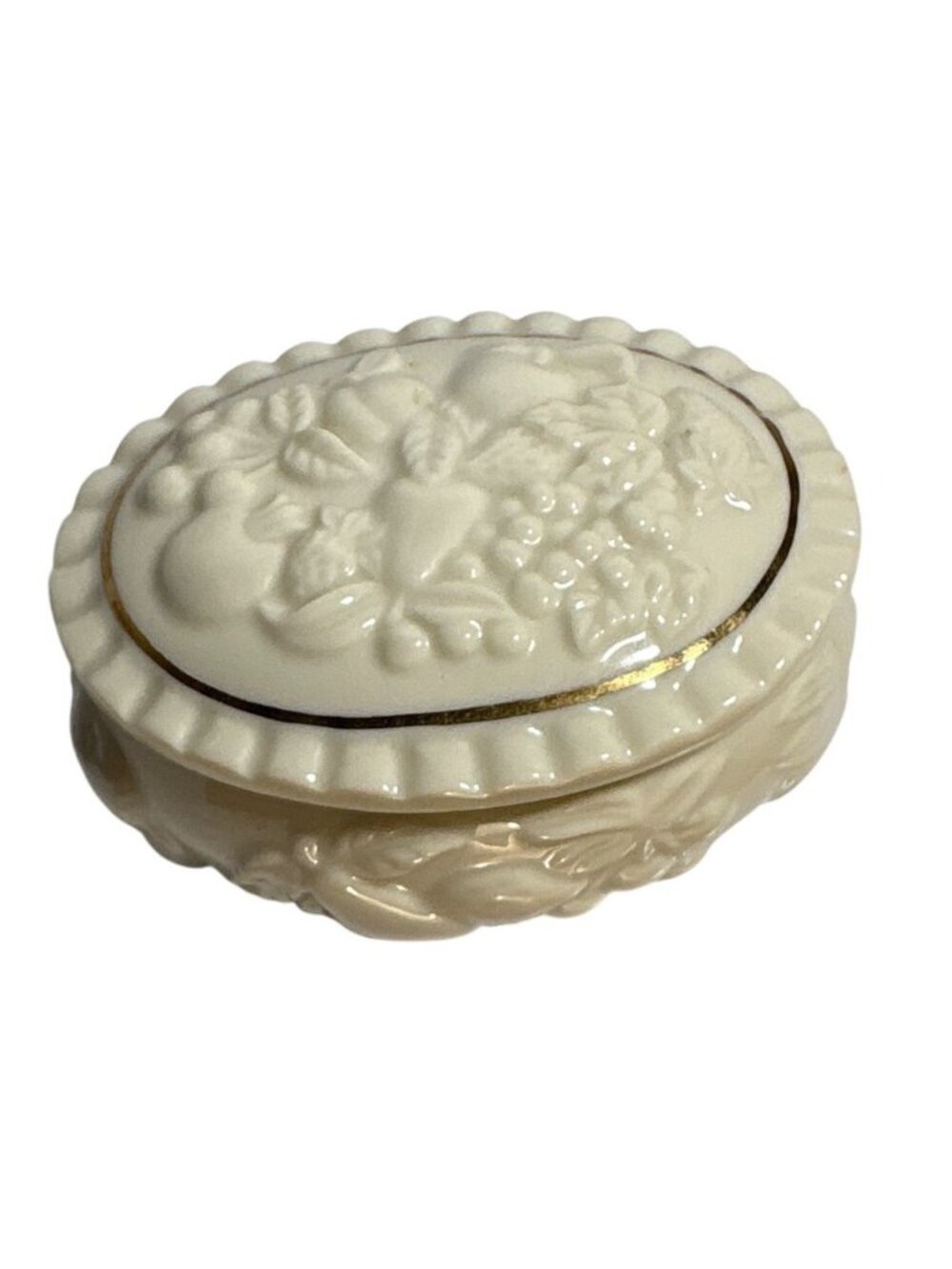 Lenox Ivory Porcelain Oval Trinket Box With Raised Fruit Design & Gold Trim 1998